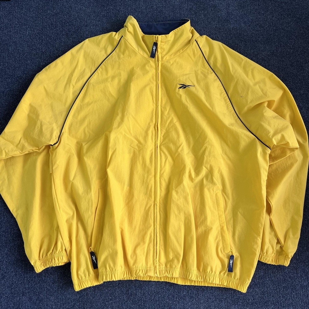Vintage‎ Reebok Jacket Mens XL Yellow Windbreaker Full Zip Vent Back Logo 90s